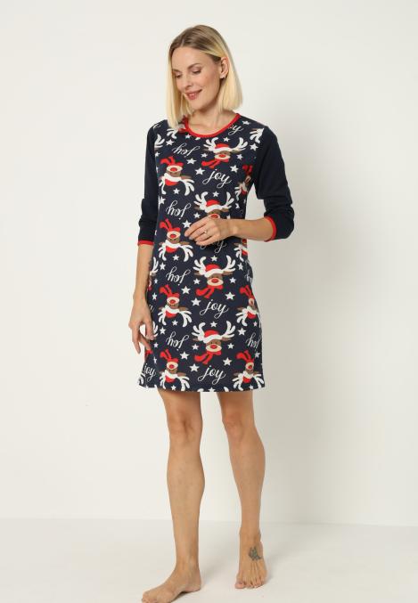 Camasa de noapte Craciun,imprimeu reni,culoare bleumarin ,En-gros